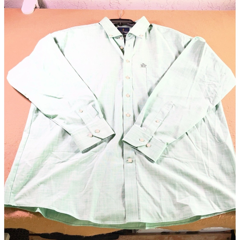 Stafford Signature Mens XL 17-17.5 36-37 Regular Fit Green Textured Slub Shirt